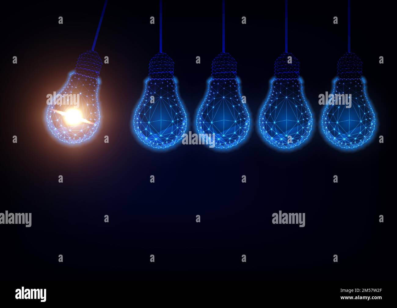 Idea futuristica, innovazione, concetto di soluzione creativa con lampadine a bassa poligonale che formano il pendolo a culla Newton su sfondo blu scuro. Illustrazione Vettoriale