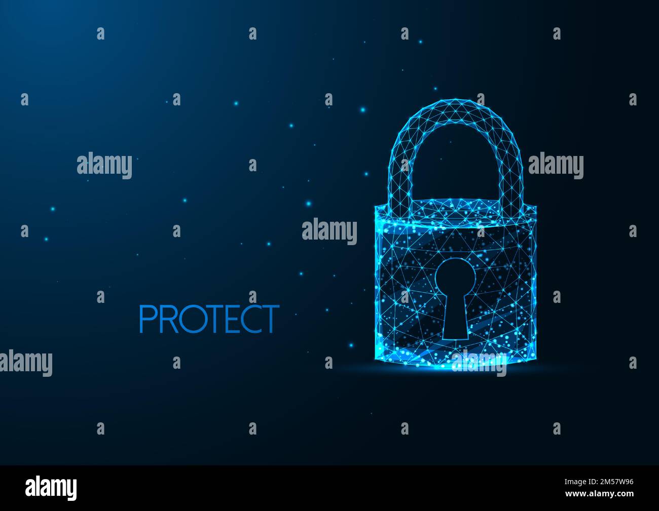 Concetto futuristico di cyber sicurezza con lucente lucchetto poligonale basso con un foro per chiave isolato su sfondo blu scuro. Design moderno a rete con telaio in filo v Illustrazione Vettoriale