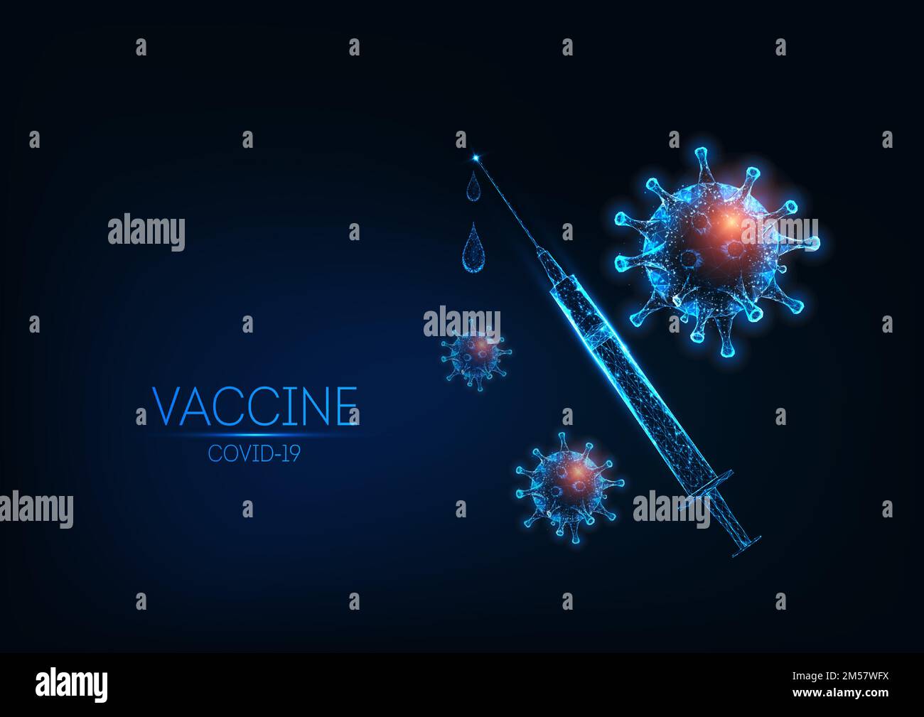 Concetto futuristico di vaccino contro il coronavirus Covid-19 con siringa poligonale a bassa luminosità e cellule virali su sfondo blu scuro. Struttura in filo moderno a rete des Illustrazione Vettoriale