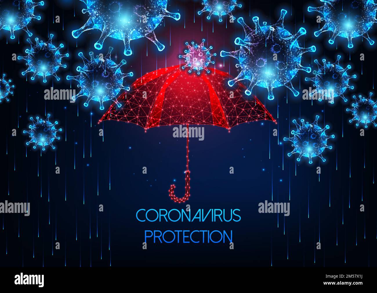 Concetto futuristico di protezione contro la malattia del coronavirus covid-19 con cellule virali a bassa poligonale e ombrello luminosi su sfondo blu scuro. Sistema immunitario Illustrazione Vettoriale