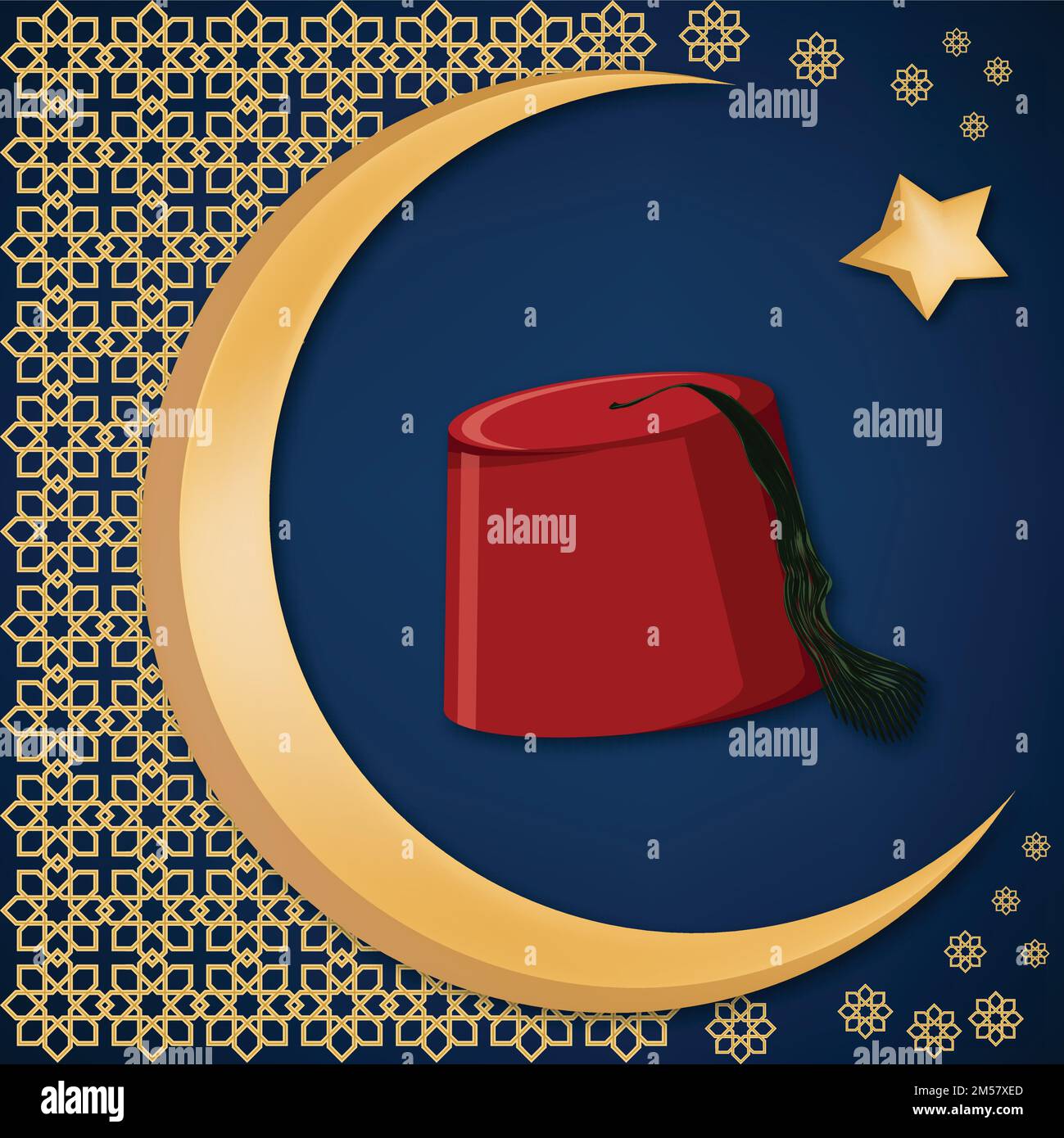 Tradizionale cappello rosso turco fez o tarboosh con ornamento in stile arabo e sfondo lunare e stella. Concetto di cultura turca. Saluto di Ramadan kareem Illustrazione Vettoriale