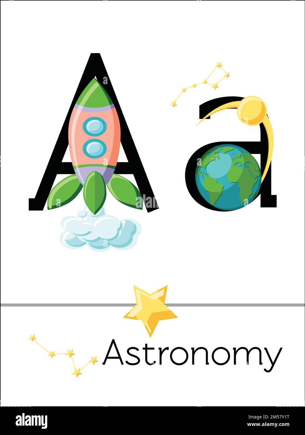 La lettera A della scheda flash è destinata all'astronomia. Alfabeto scientifico per bambini. Serie di schede flash ABC puzzle. Illustrazione vettoriale del cartone animato in stile piatto. Illustrazione Vettoriale