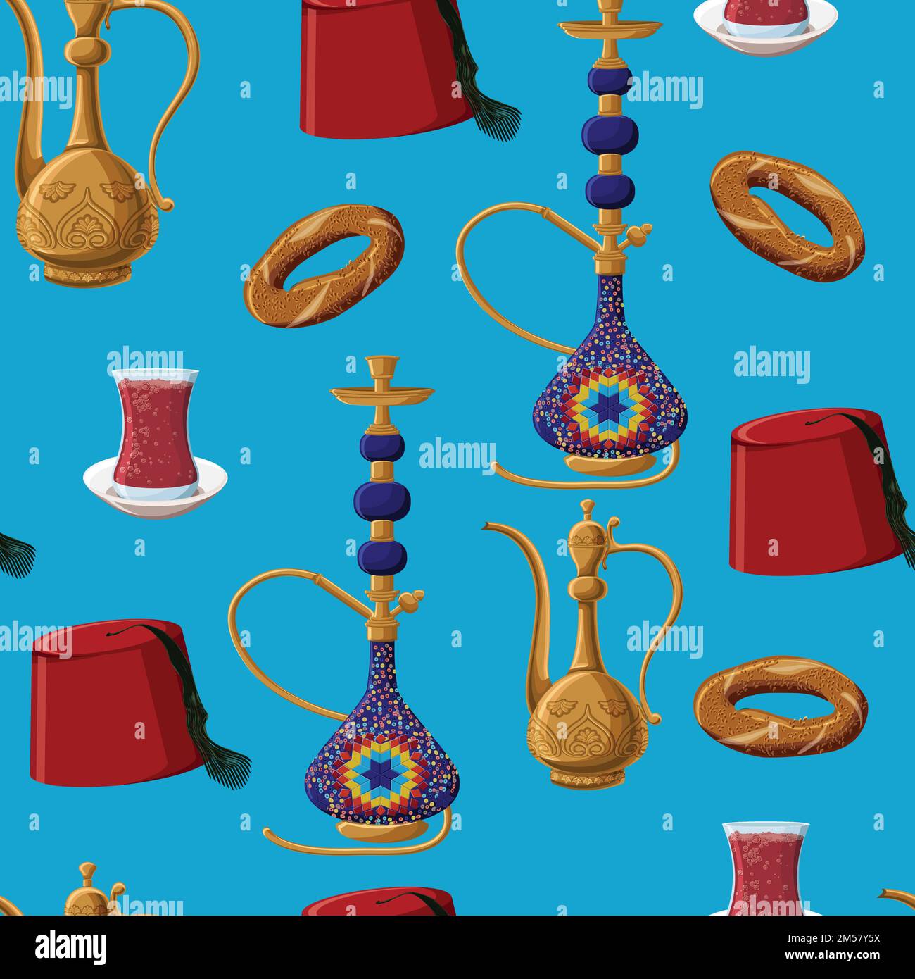 Cultura turca patrimonio fez, caraffa, hookah, bicchiere di tè e simit senza cuciture modello su sfondo blu. Illustrazione vettoriale stile cartone animato. Illustrazione Vettoriale
