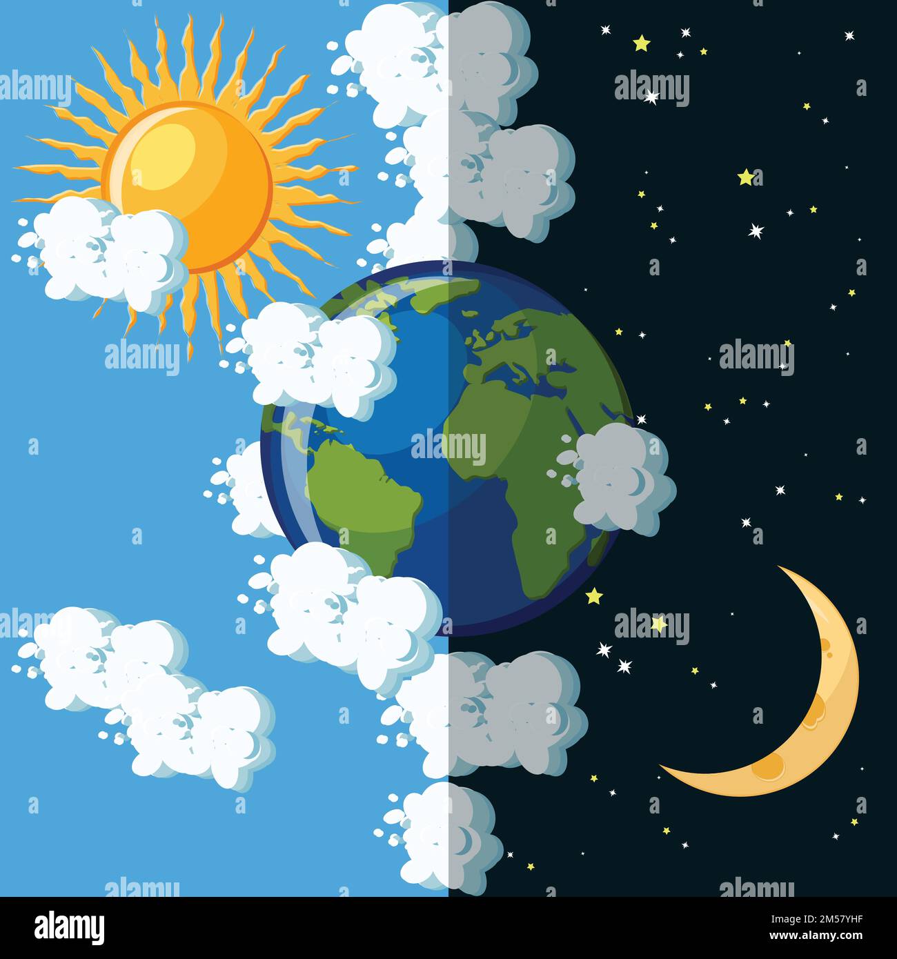 Giorno e notte sul pianeta Terra concetto. Sole su cielo nuvoloso e luna su cielo stellato scuro intorno al globo verde e blu della Terra. Geografia educativa per il ki Illustrazione Vettoriale