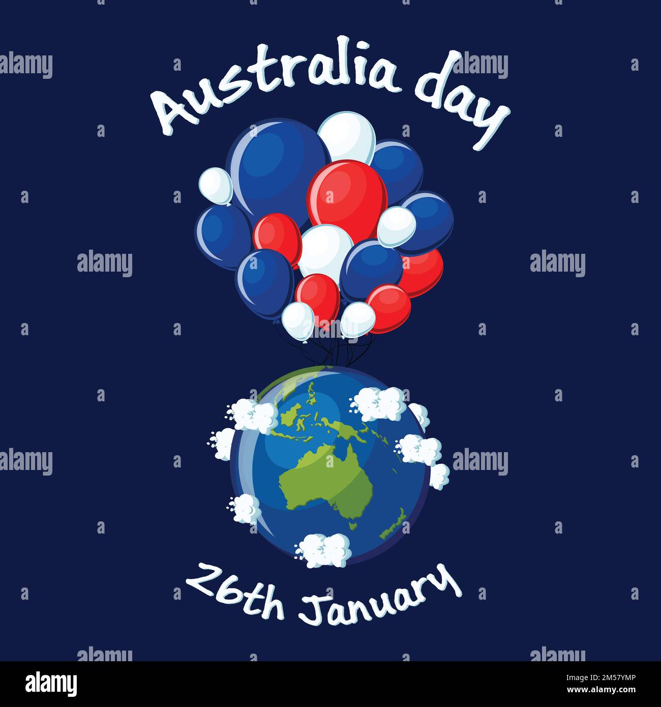 Australia Day, 26th Gennaio biglietto di auguri con mappa del globo Australia, mazzo di palloncini blu, rossi e bianchi, nuvole e testo. Illustratio vettore cartoon Illustrazione Vettoriale