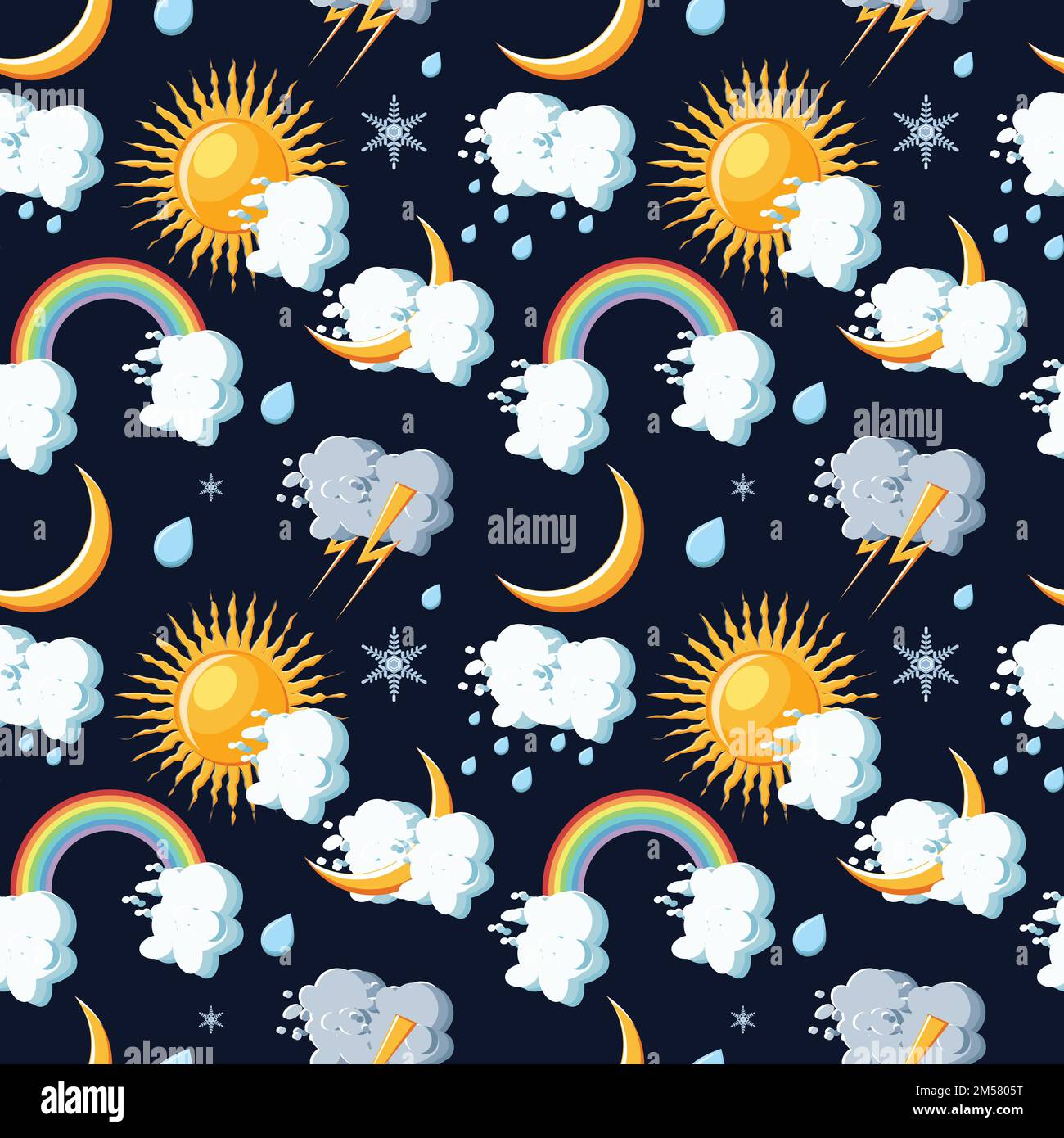 Icone meteo luminose e colorate modello senza cuciture con sole, nuvole, luna, arcobaleno, pioggia, neve e fulmini. Illustrazione vettoriale stile cartone animato. Illustrazione Vettoriale