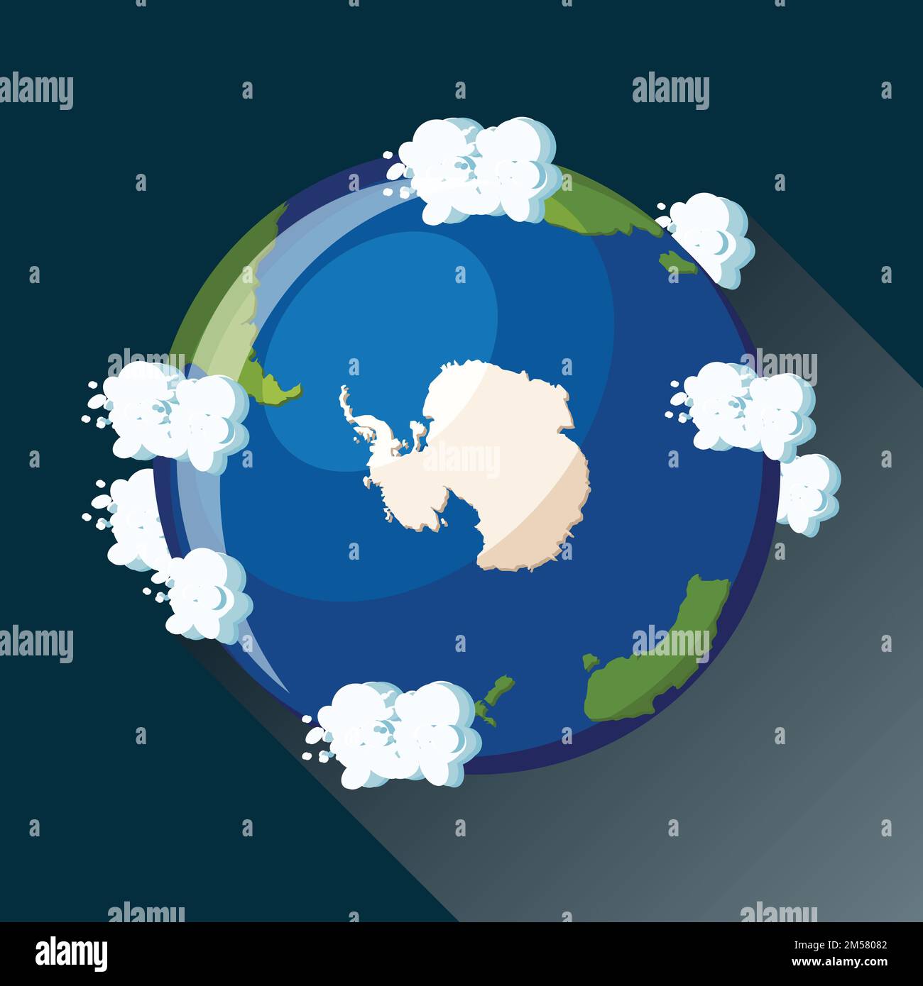 Mappa Antartide sul pianeta Terra, vista dallo spazio. Icona del globo dell'Antartide. Mappa del pianeta Terra con oceano blu, continenti e nuvole intorno. Cartone animato Illustrazione Vettoriale