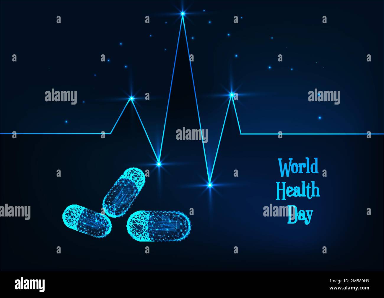 Modello di banner per la Giornata Mondiale della Salute con una linea di battito cardiaco bassa e poligonale, pillole e testo su sfondo blu scuro. Medicina, concetto di assistenza sanitaria. Futu Illustrazione Vettoriale