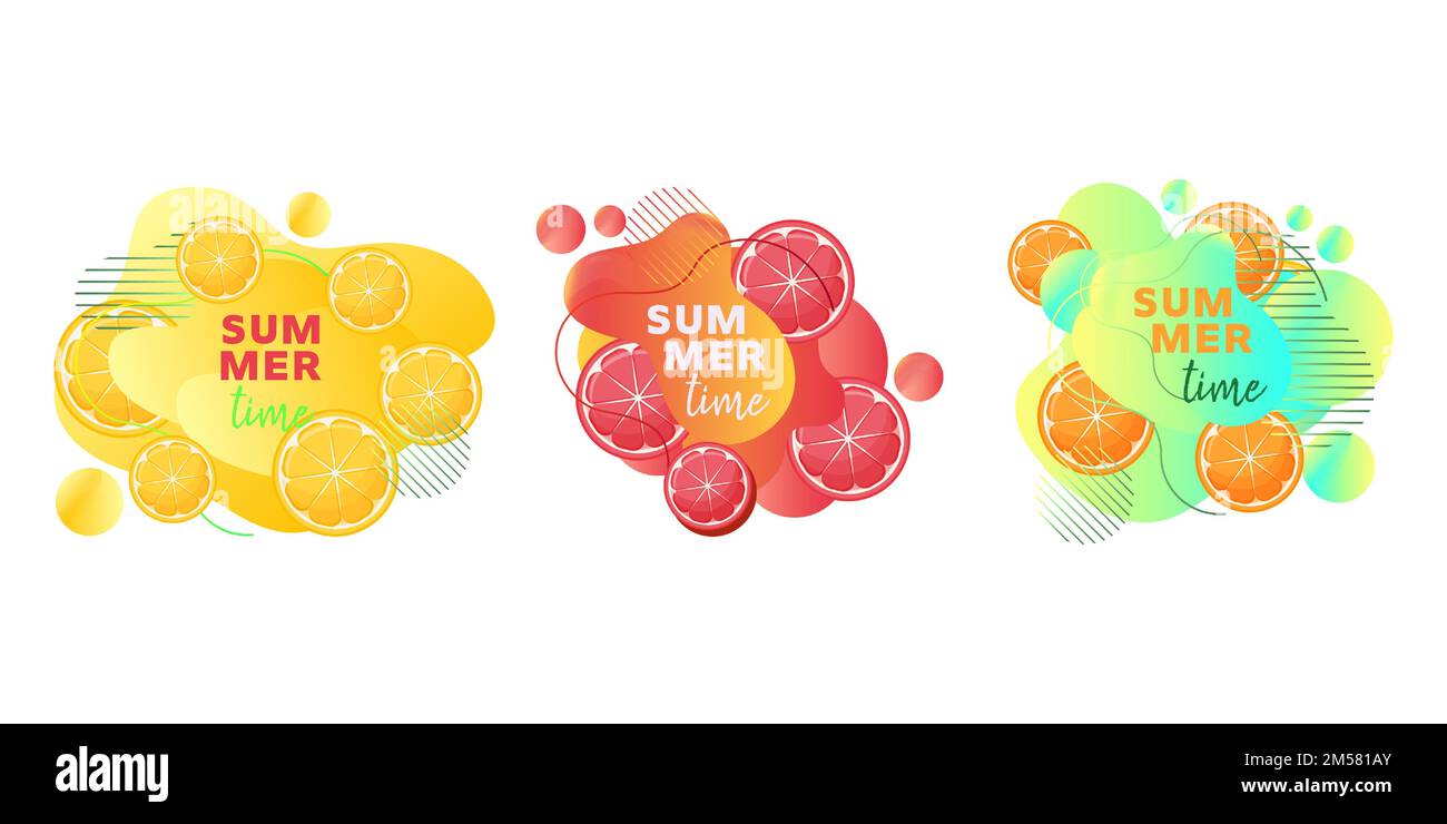 Banner web estivo con agrumi, limone, arancia, pompelmo, brillanti forme astratte liquide e testo isolato su sfondo bianco. Moderno Illustrazione Vettoriale