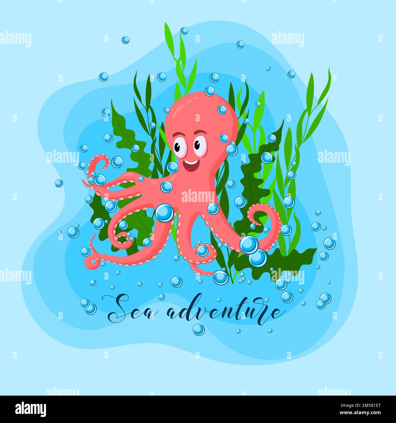 Poster dell'avventura estiva con simpatici polpi, alghe marine e bolle d'acqua sullo sfondo blu dell'oceano. Illustrazione vettoriale stile cartone animato. Illustrazione Vettoriale