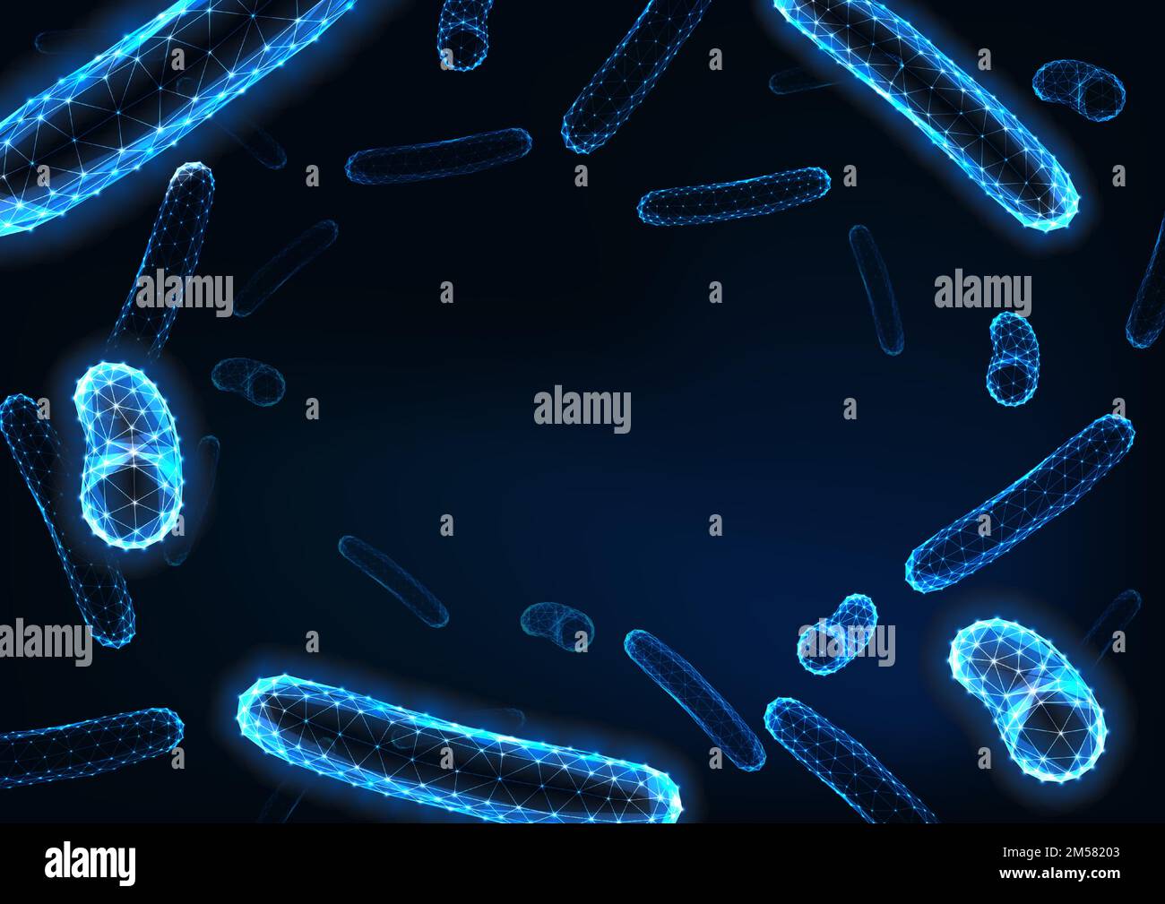 Futuristico basso batterio poligonale sfondo bacilli con spazio per il testo su blu scuro. Sanità, concetto di ricerca di infezione batterica. Moderno wireless Illustrazione Vettoriale