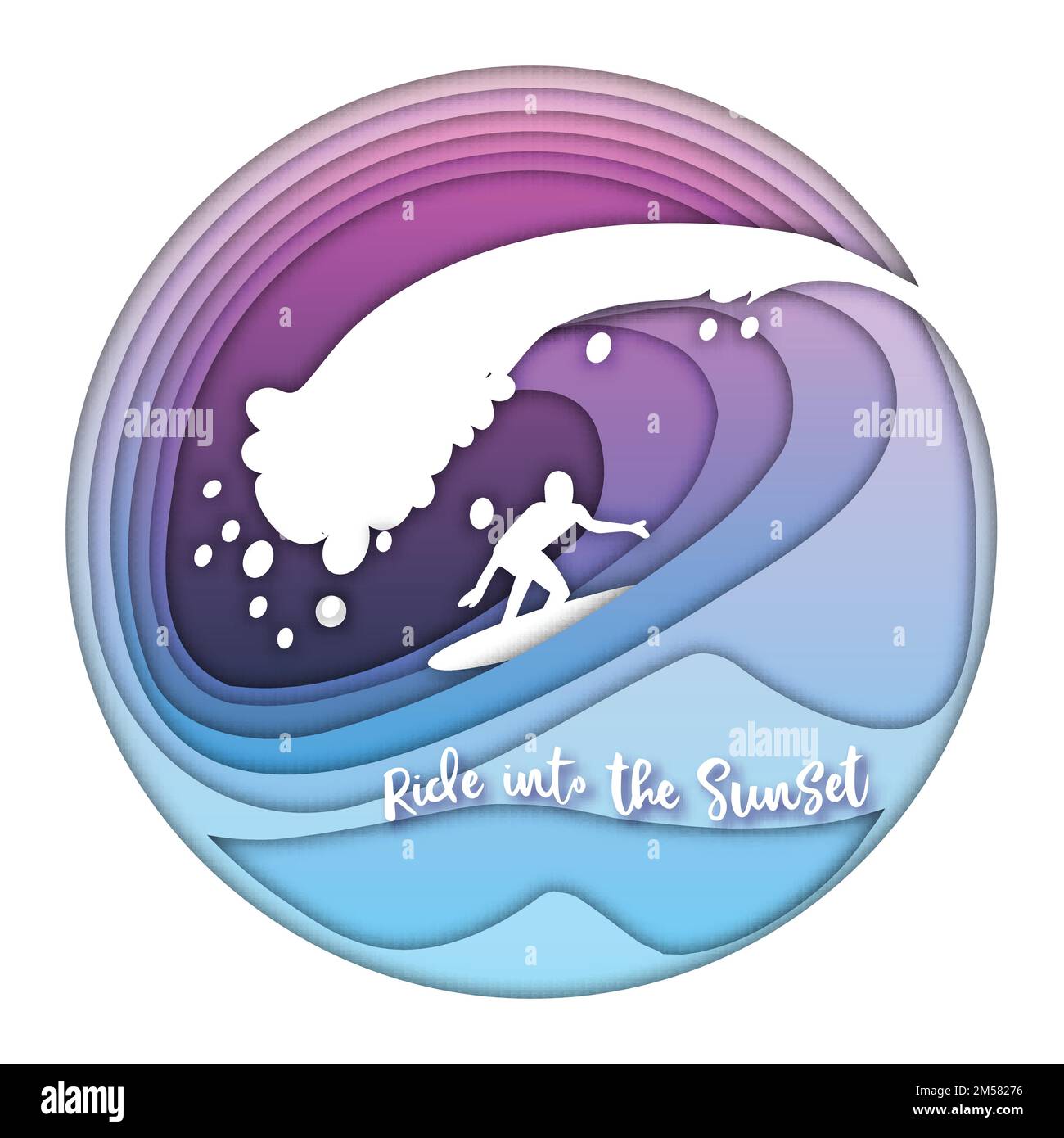Surfing oceano onda con la silhouette del surfer, il cielo del tramonto e corsa di testo nel tramonto in un cerchio. Concetto di vacanza estiva. Taglio carta stile vecto Illustrazione Vettoriale