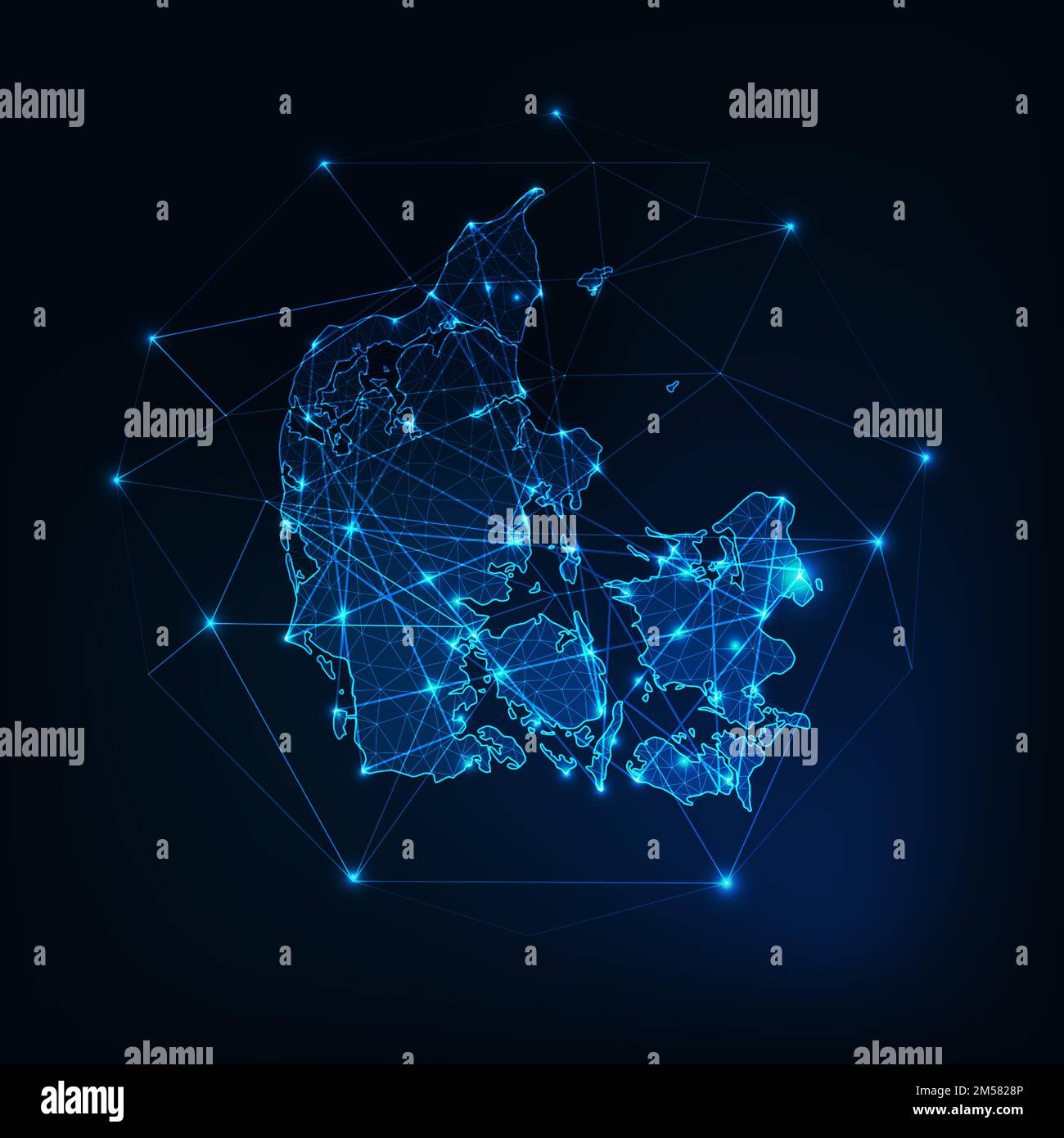 Profilo mappa Danmark. Comunicazione, concetto di connessione. Design moderno e futuristico a basso poligono, struttura a reticolo, linee e punti. Illustrazione vettoriale. Illustrazione Vettoriale