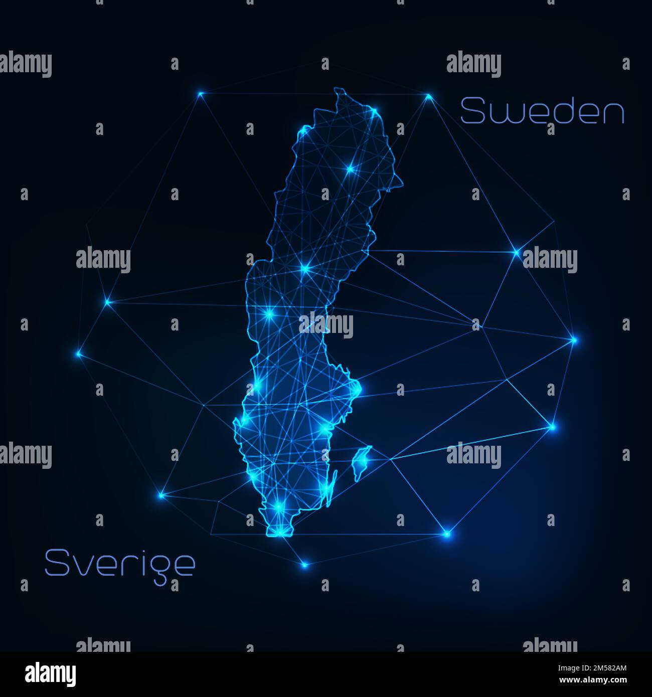 Mappa della Svezia con struttura astratta di stelle e linee. Comunicazione, concetto di connessione. Moderna e futuristica poligonale bassa, struttura a reticolo, linee e d Illustrazione Vettoriale