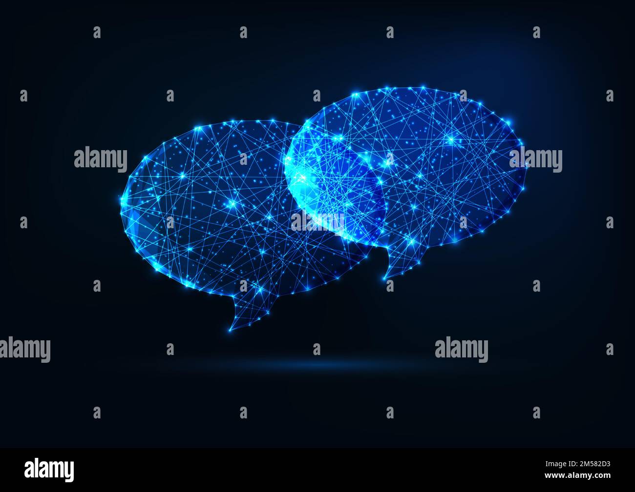 Due futuristiche bollicine poligonali a basso contenuto di stelle, linee, punti isolati su sfondo blu scuro. Comunicazione, chat, dialogo con Illustrazione Vettoriale