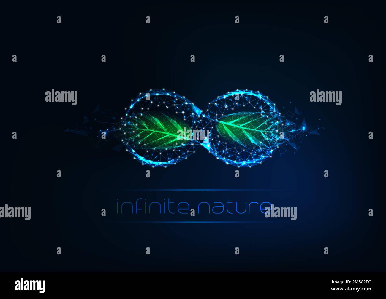 Futuristico simbolo a sfioro poligonale basso con foglie verdi di linee, stelle, triangoli isolati su sfondo blu scuro. Natura infinita Illustrazione Vettoriale