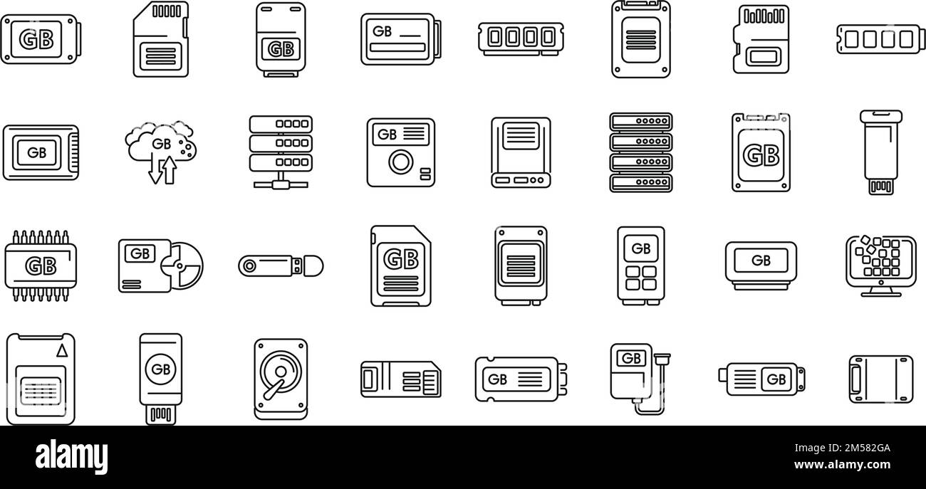 Le icone gigabyte impostano il vettore di contorno. Big data. Cyber-disk Illustrazione Vettoriale