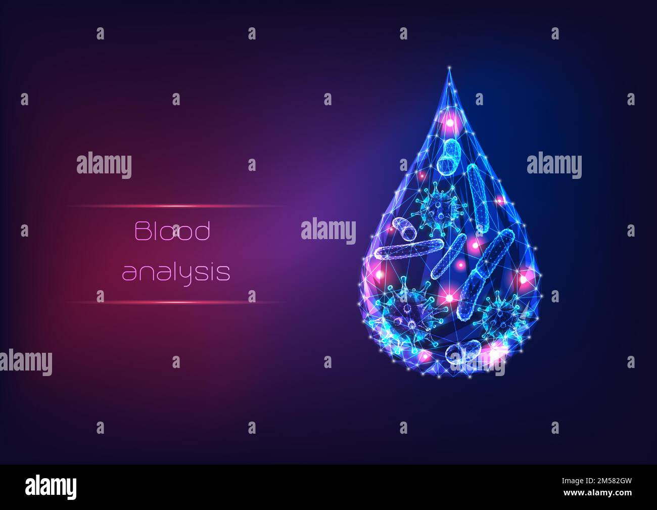 Virus e batteri futuristici a basso contenuto di microbi poligonali all'interno di un sangue o di una goccia d'acqua. Concetto di ricerca e analisi microbiologica. Moderno con Illustrazione Vettoriale