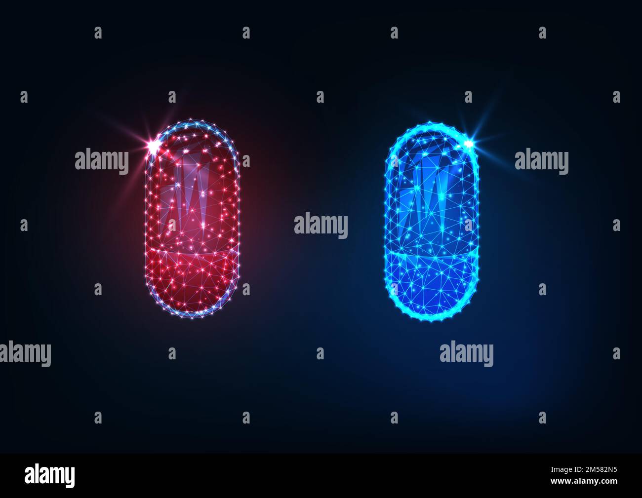 Futuristico incandescente basso poligonale rosso e blu capsule di farmaci isolati su sfondo blu scuro. Scelta, dilemma, concetto decisionale. connessione Wi-Fi moderna Illustrazione Vettoriale