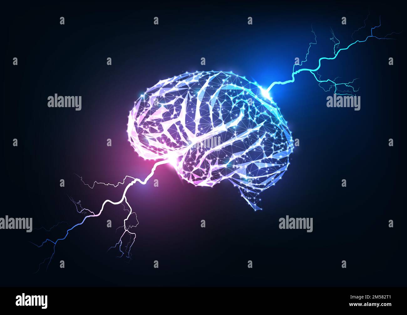 Concetto di impulso cerebrale umano. Futuristico basso cervello poligonale luminoso e luci isolate su sfondo blu scuro e viola. Neurologia, psicologia, Illustrazione Vettoriale