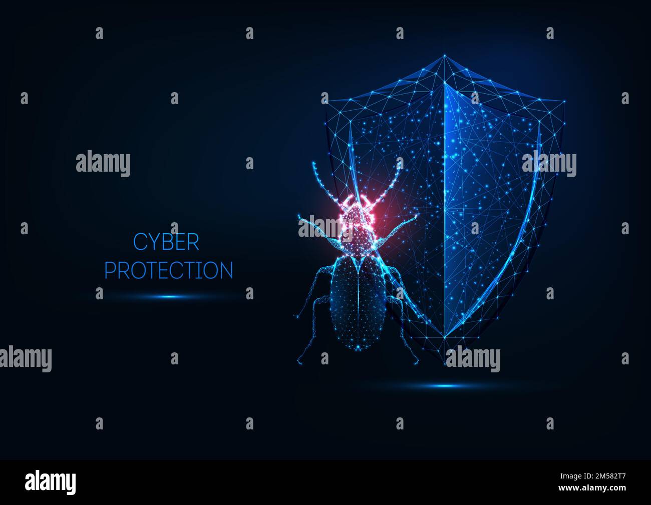 Sicurezza Internet, concetto di protezione informatica con futuristico incandescente basso poligonale Beatle bug e scudo isolato su sfondo blu scuro. Moderno Illustrazione Vettoriale