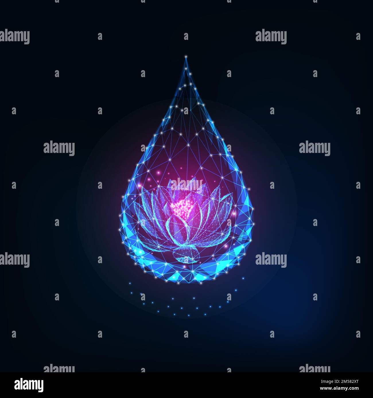 futuristico loto rosa basso poligonale, fiore di giglio all'interno di gocce d'acqua isolato su sfondo blu scuro. Spiritualità, concetto di armonia. M Illustrazione Vettoriale