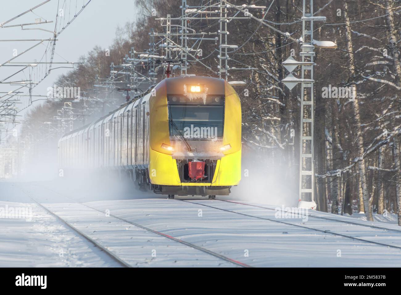 Il treno giallo ad alta velocità viaggia ad alta velocità lasciando polvere dalla neve e dalla neve in inverno intorno al paesaggio innevato Foto Stock