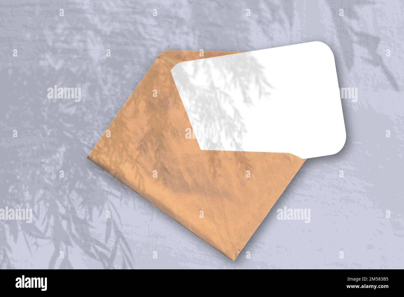 Busta con foglio di carta bianca testurizzata su sfondo blu. Sovrapposizione di mockup con le ombre della pianta. La luce naturale diffonde ombre da un wilo Foto Stock