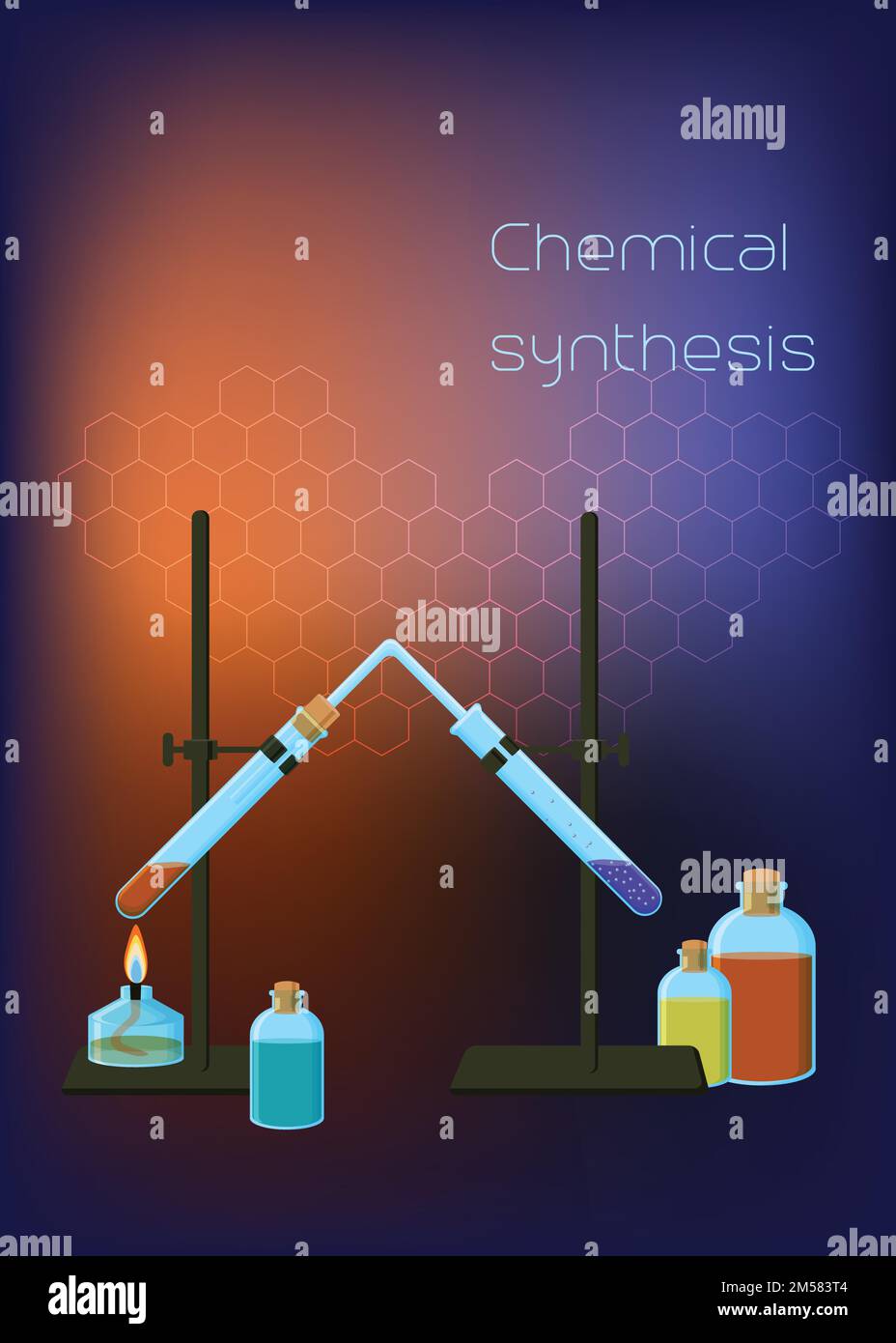 Modello di sfondo scientifico per chimica luminoso e bello con treppiede e provette collegate, bruciatore a bolla d'aria e flaconi con reagenti. Chimica r Illustrazione Vettoriale