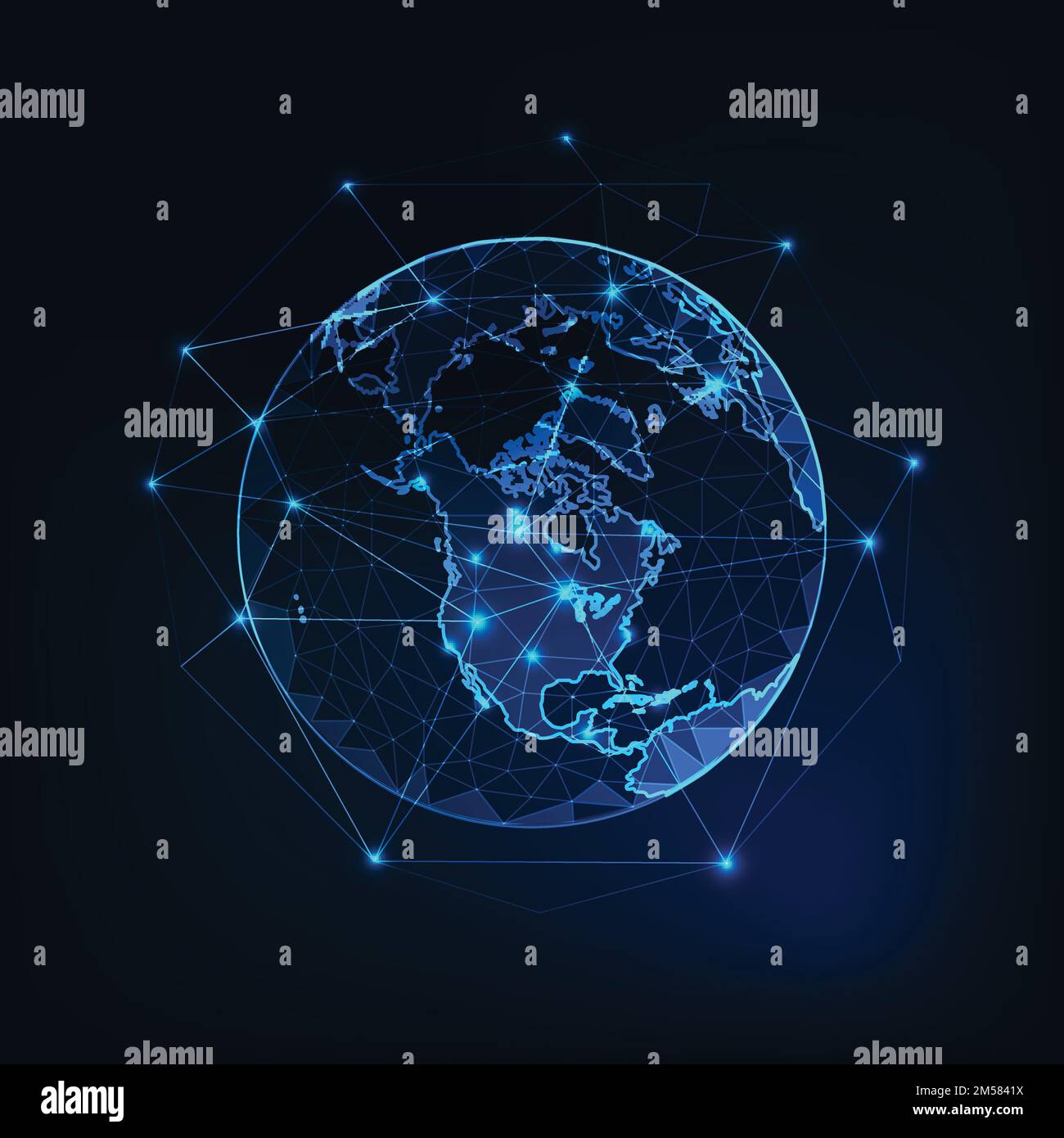 Nord America sul pianeta Terra vista dallo spazio con continenti delinea sfondo astratto. Globalizzazione, concetto di connessione. Struttura a reticolo in poli bassa, lin Illustrazione Vettoriale