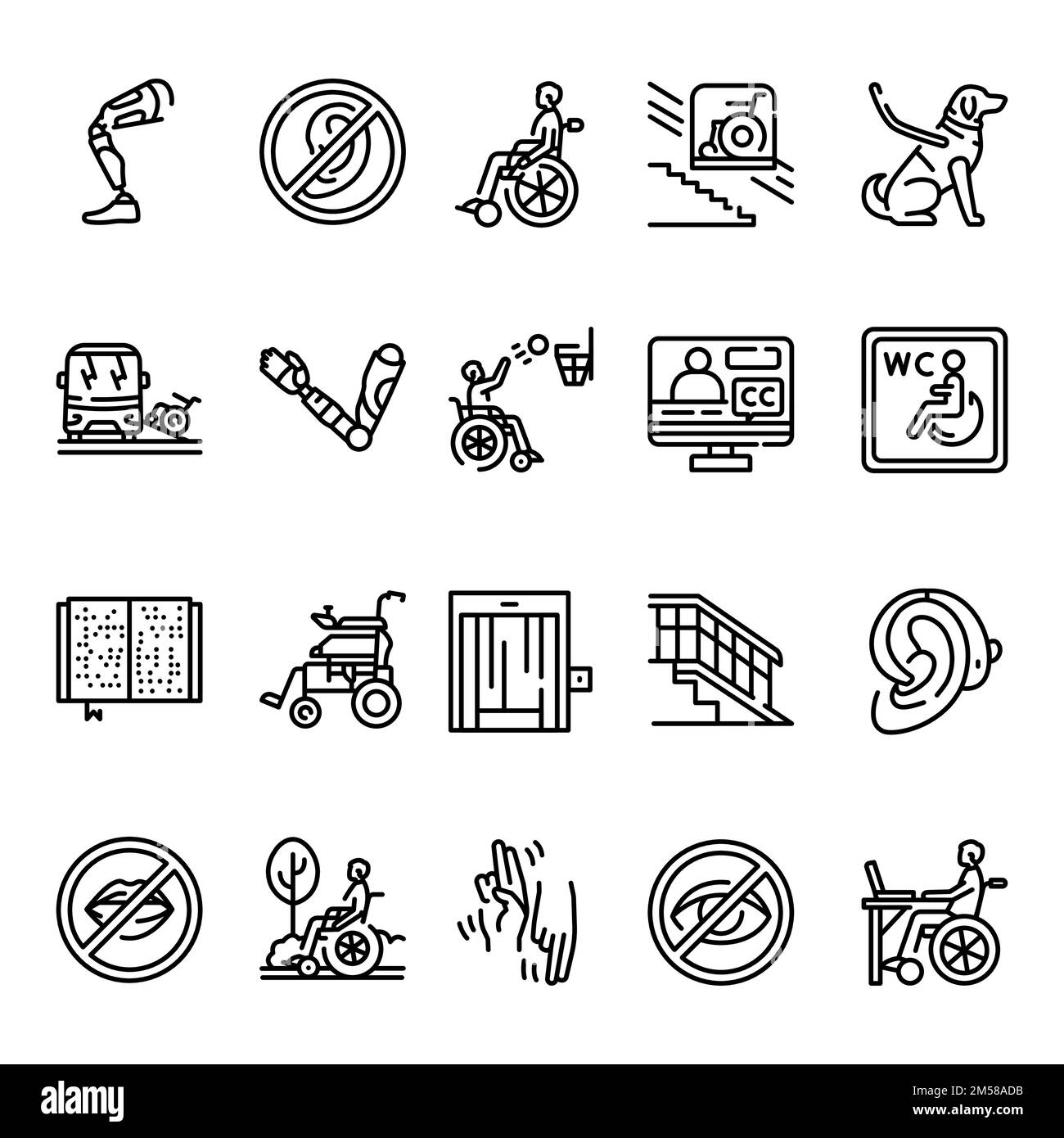 Set di icone delle linee di disabilità. Elemento vettoriale isolato. Pittogrammi di contorno per pagina web, app mobile, promo. Tratto modificabile. Illustrazione Vettoriale