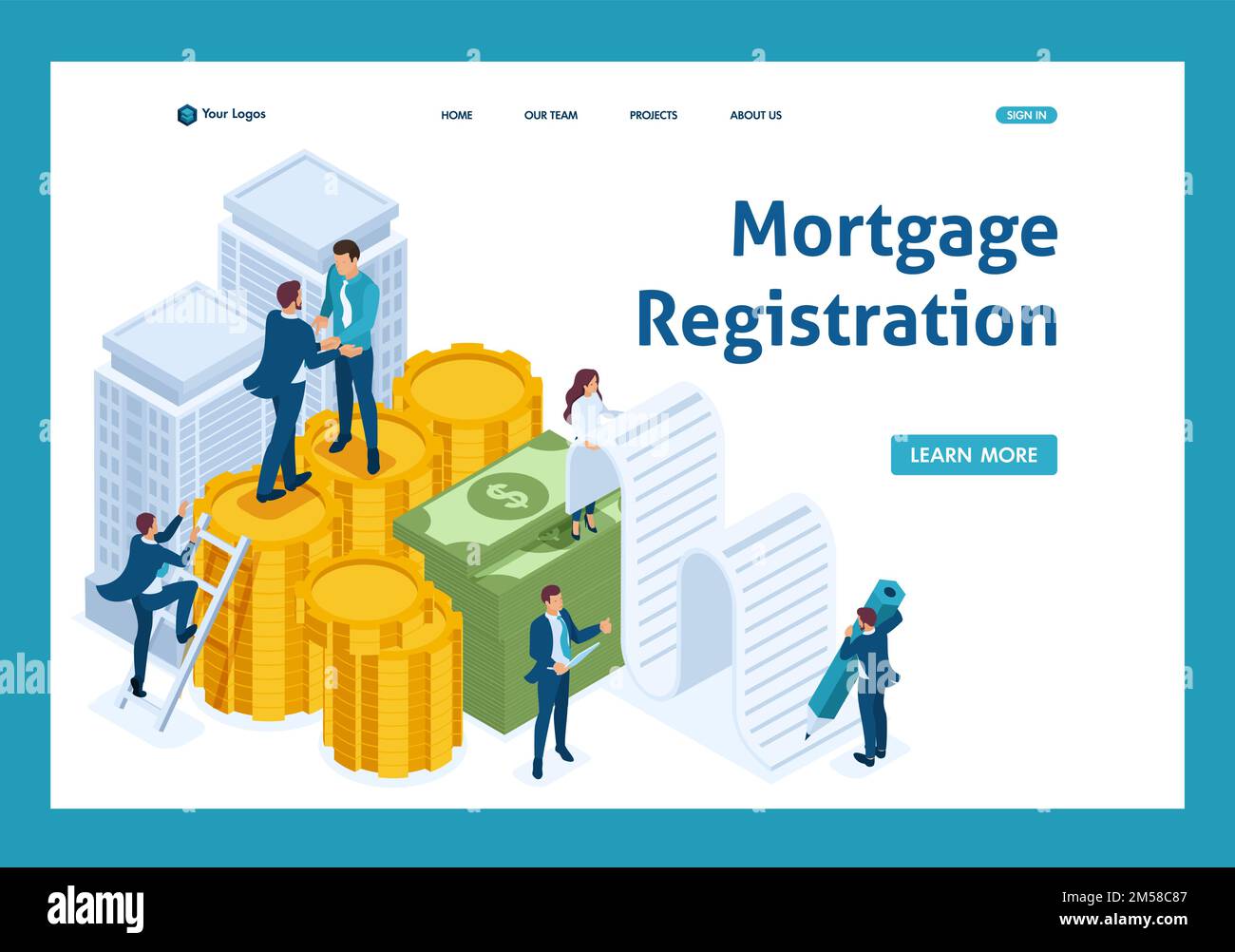 I dipendenti della Banca isometrica elaborano un mutuo ipotecario, uomini d'affari. Landing page del modello. Illustrazione Vettoriale