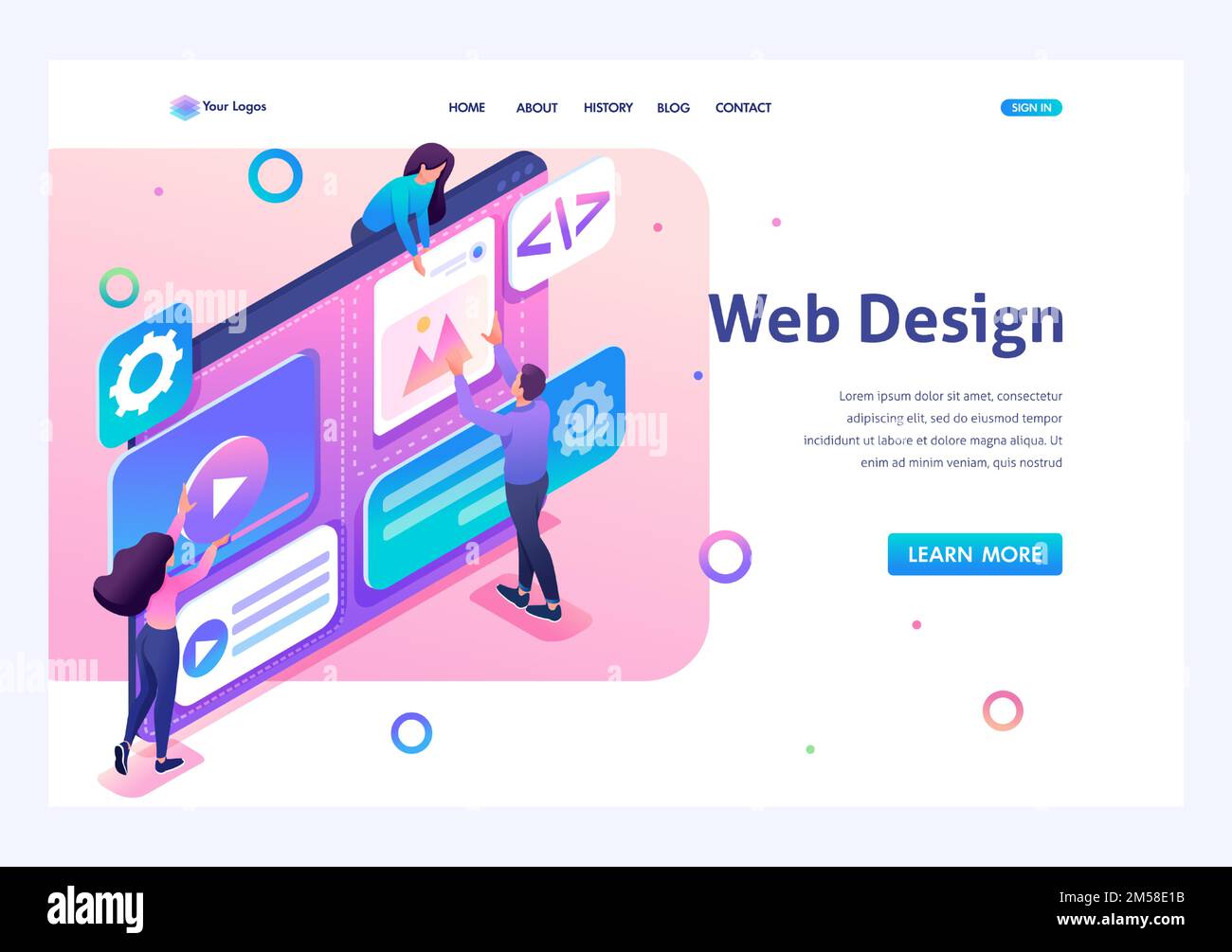 Il team di specialisti sta lavorando alla creazione di web design. Concetto di lavoro di squadra. 3d isometrico. Concetti di landing page e web design. Illustrazione Vettoriale