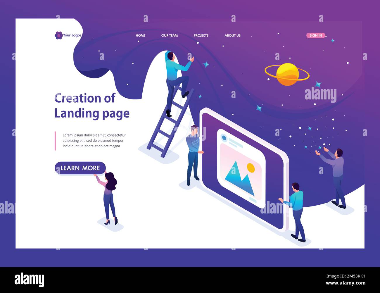 Sviluppo isometrico e creazione di un sito web, piccoli uomini. Landing page modello sito Web. Illustrazione Vettoriale