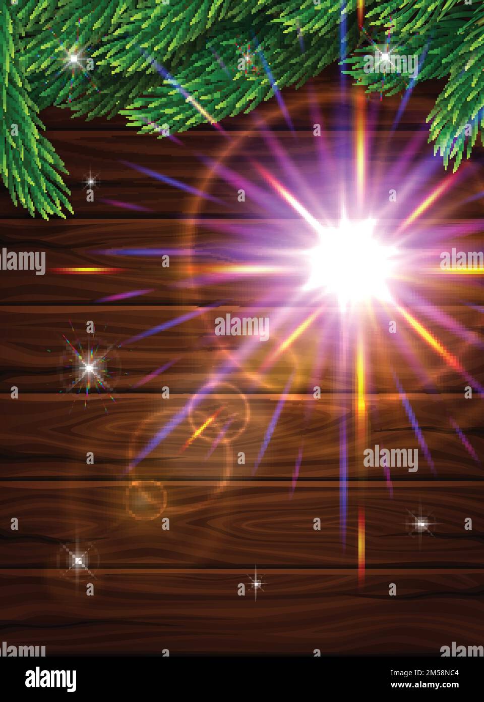Poster realistico di alta qualità per Natale. Rami realistici di abete sullo sfondo di tavole di legno scuro. Lenti per effetti luminosi. Illlust vettoriale Illustrazione Vettoriale