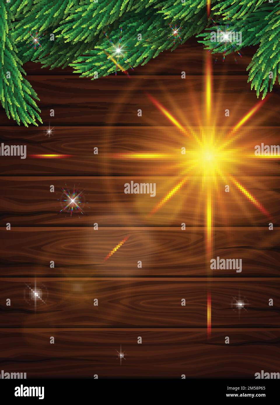 Poster realistico di alta qualità per Natale. Rami realistici di abete sullo sfondo di tavole di legno scuro. Effetto luminoso della lente. Illustrazione vettoriale Illustrazione Vettoriale