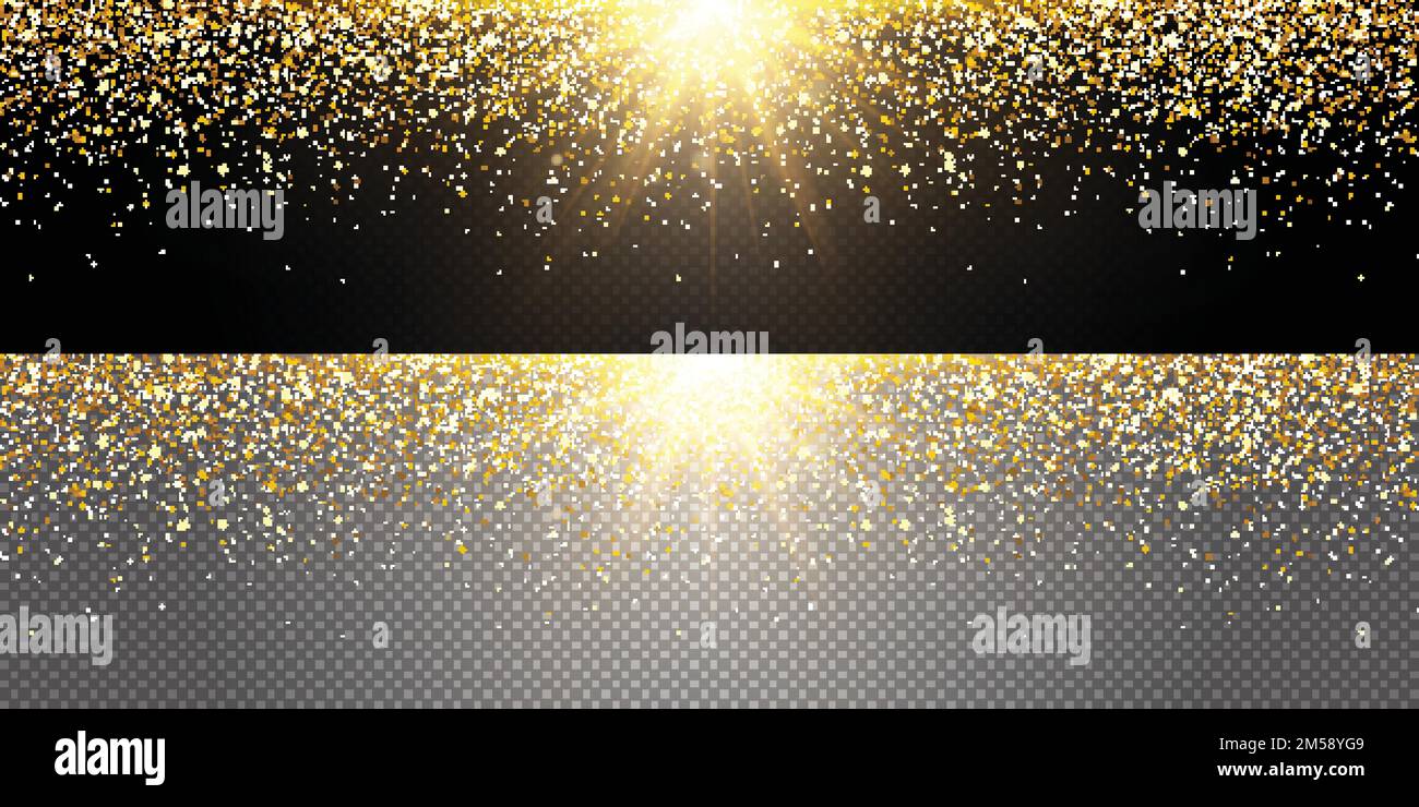 Esplosione d'oro che vola glitter in diverse direzioni, polvere d'oro. Berretto di Natale con glitter. Biglietto d'auguri con finitura dorata lucida. Illustrazione vettoriale Illustrazione Vettoriale
