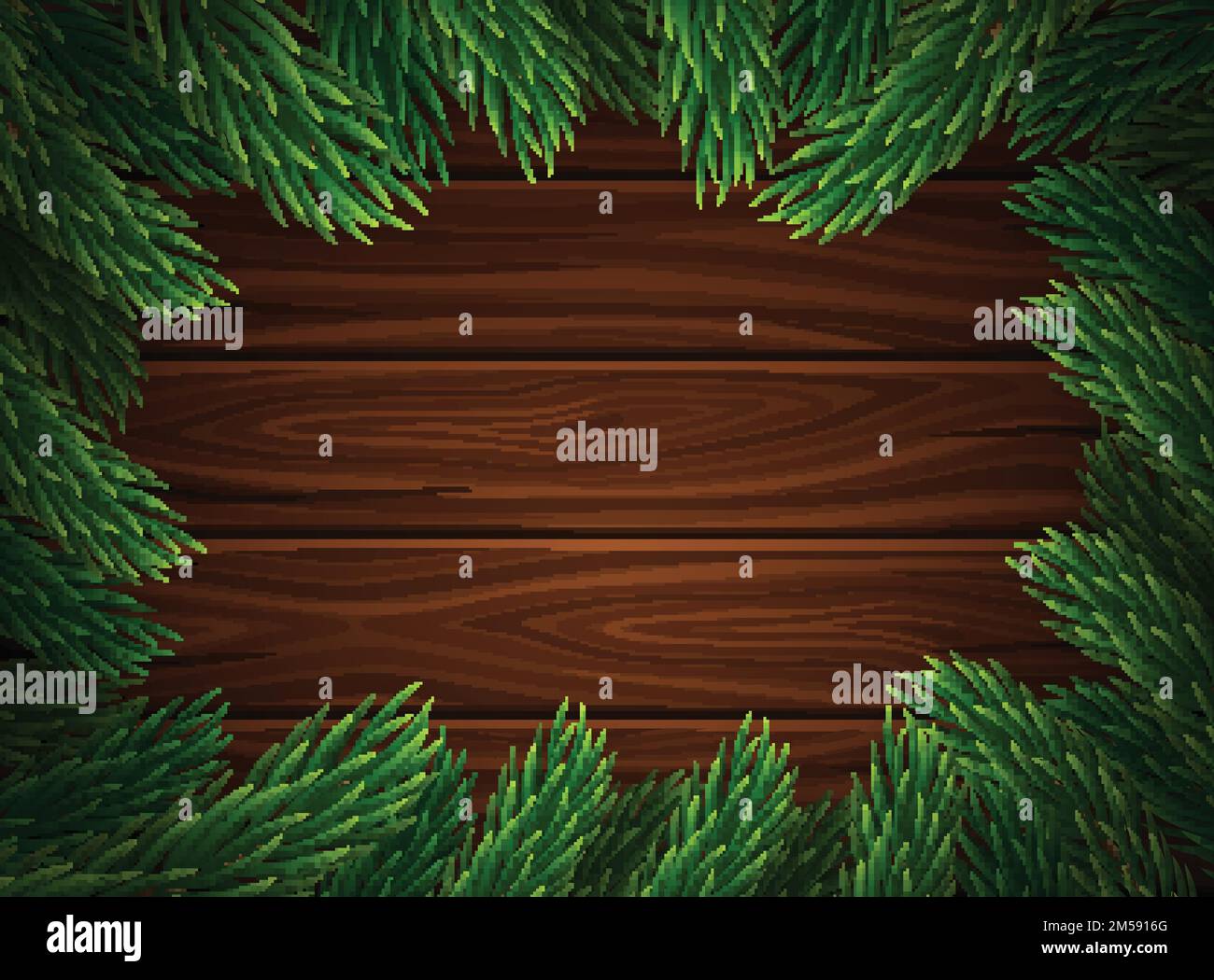 Decorazione di Natale contro le tavole di legno scuro. Albero di Natale rami lettera iscrizione sfondo legno. Poster per il nuovo anno e Christm Illustrazione Vettoriale