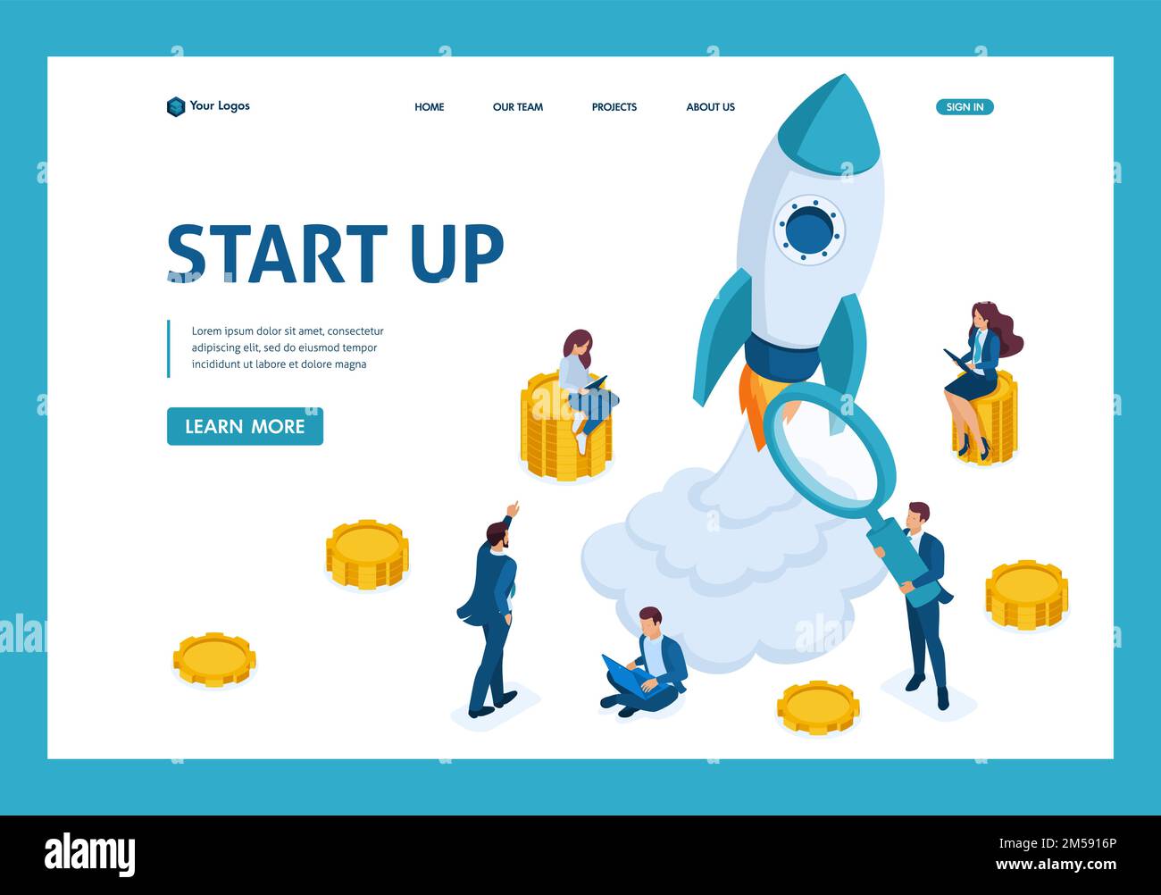 Concetto isometrico di investire in startup, lancio di razzo, giovani imprenditori. Landing page del modello. Illustrazione Vettoriale