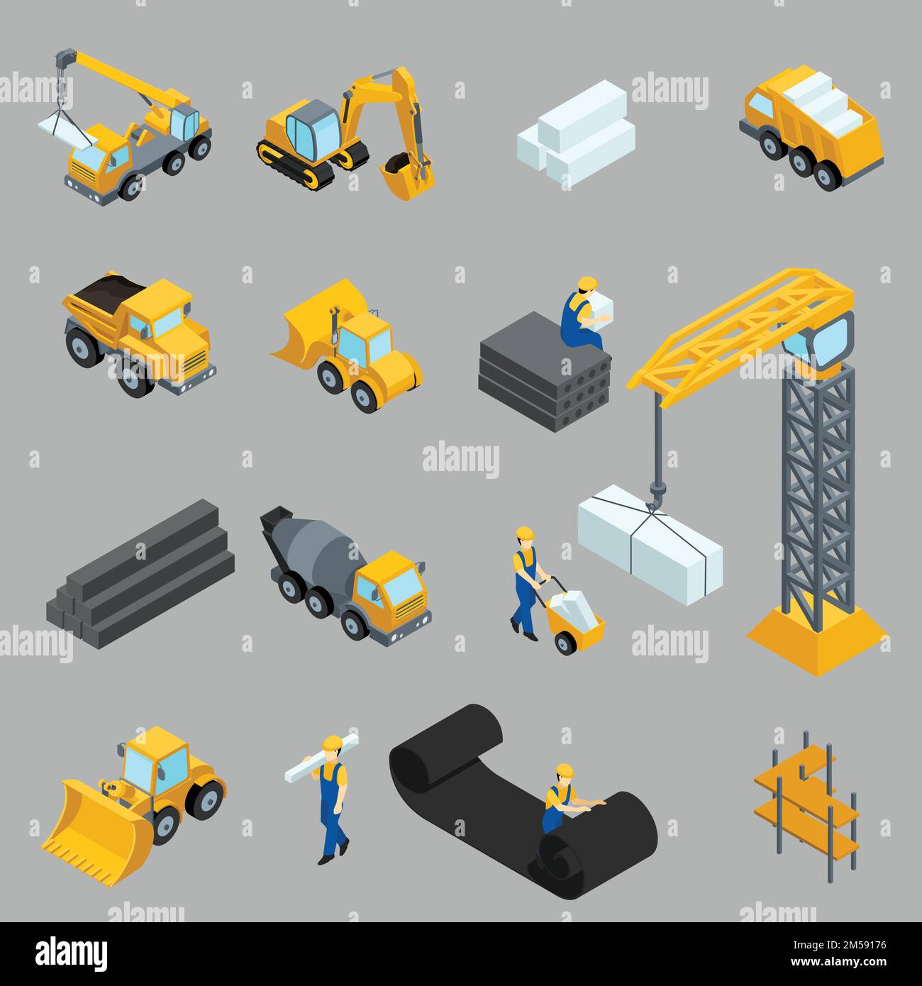 Icone isometriche per lavoratori edili, gru, macchinari, energia, trasporti, abbigliamento, autobus su sfondo grigio. Illustrazione Vettoriale