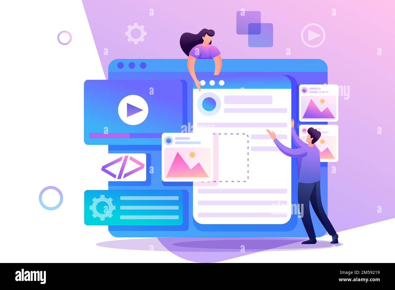 I giovani sono impegnati nel web design, nello sviluppo di pagine web. Carattere piatto 2D. Concetto di web design. Illustrazione Vettoriale