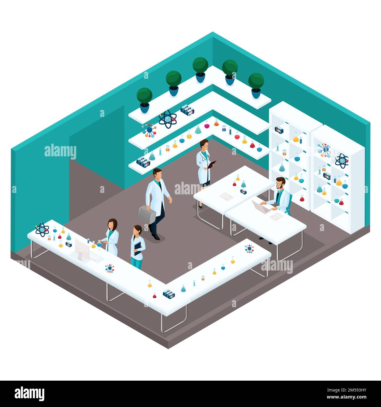 Persone isometriche alla moda, una sala d'ospedale, scienziati di laboratorio, professionisti medici, ricerca, esperimenti, analisi, lavoratori di laboratorio sono isolati Illustrazione Vettoriale