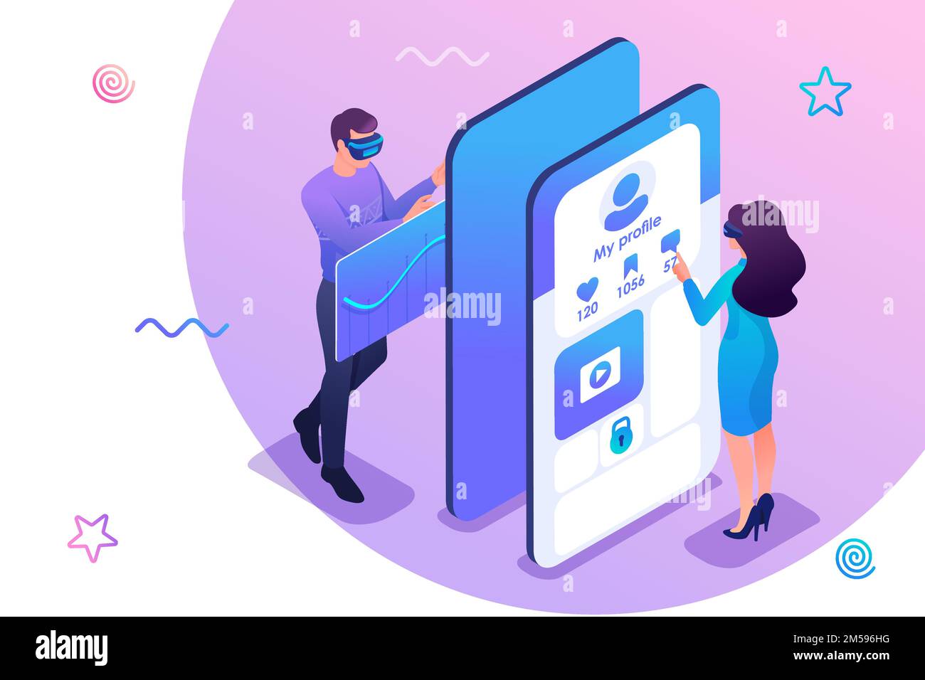 Concetto isometrico i giovani in occhiali virtuali stanno testando un'applicazione mobile per la realtà alternativa e i social network. Concetto di web design Illustrazione Vettoriale