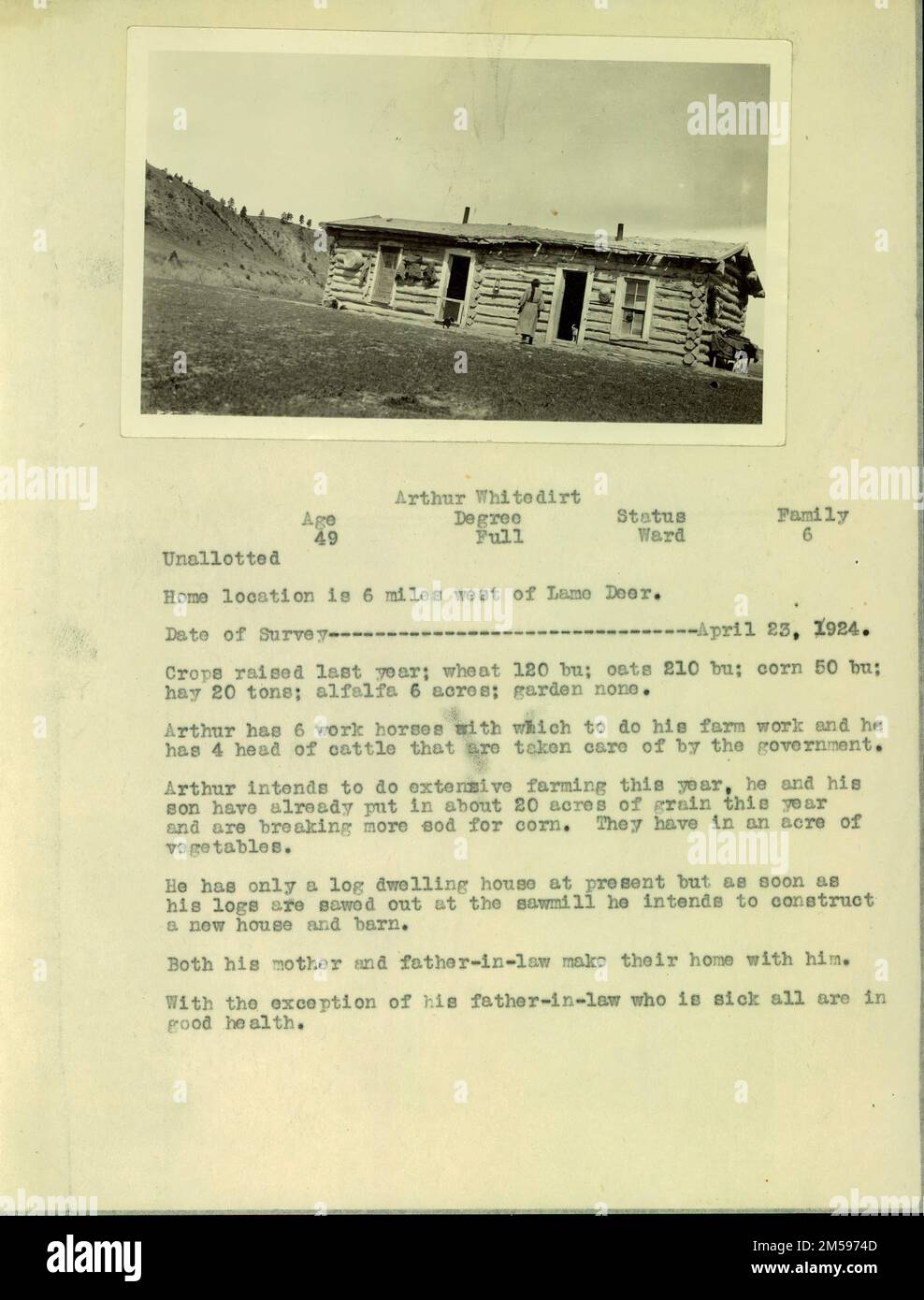 Arthur Whitedirt. 1924 - 1924. Regione delle Montagne Rocciose (Denver, CO). Stampa fotografica. Dipartimento dell'interno. Ufficio degli affari indiani. Agenzia settentrionale di Cheyenne. ?-1947. Home indagini industriali Foto Stock