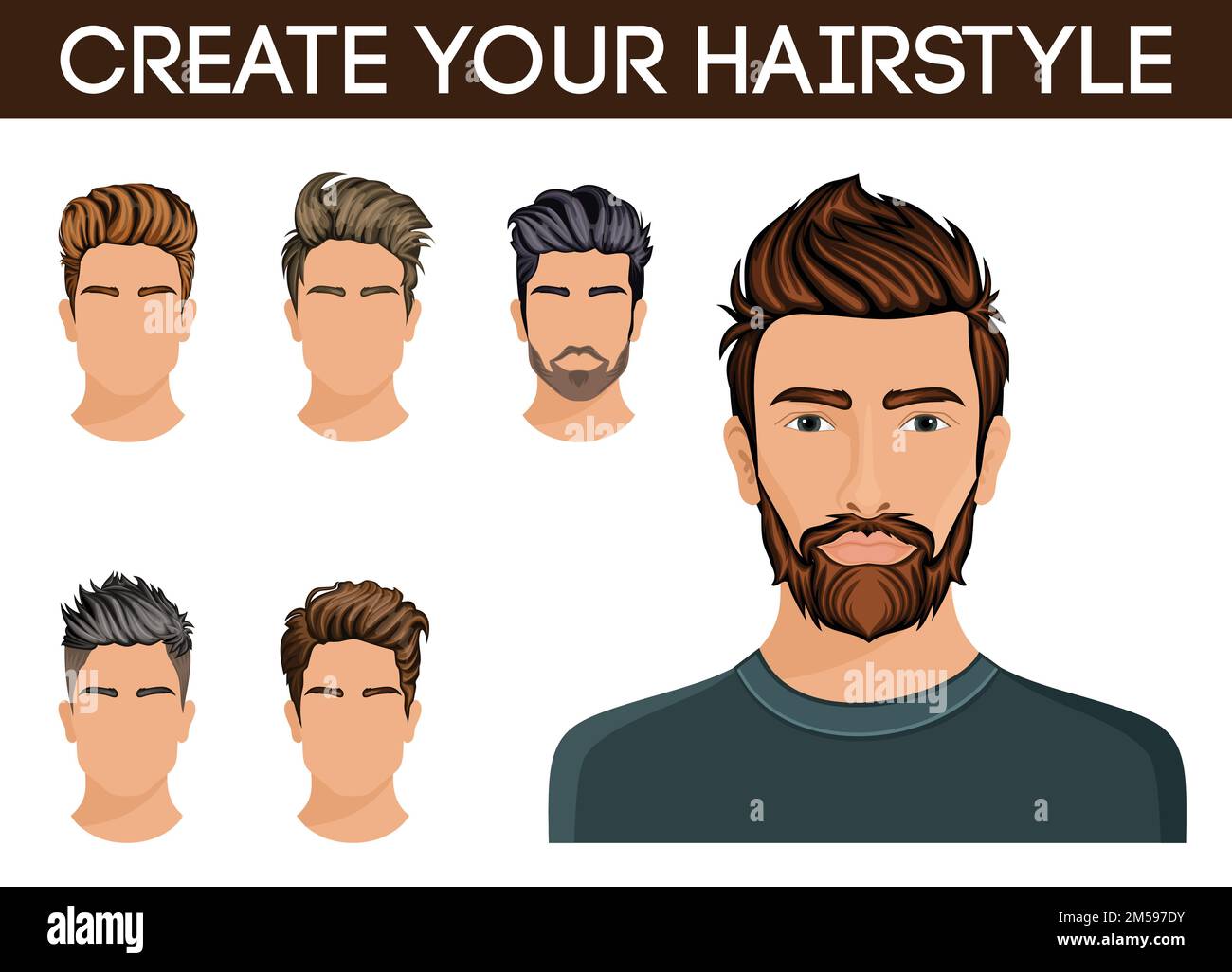 Crea, cambia le scelte di acconciatura. Uomo capelli simbolo Hippster barba, baffi elegante, moderno. Illustrazione vettoriale. Illustrazione Vettoriale