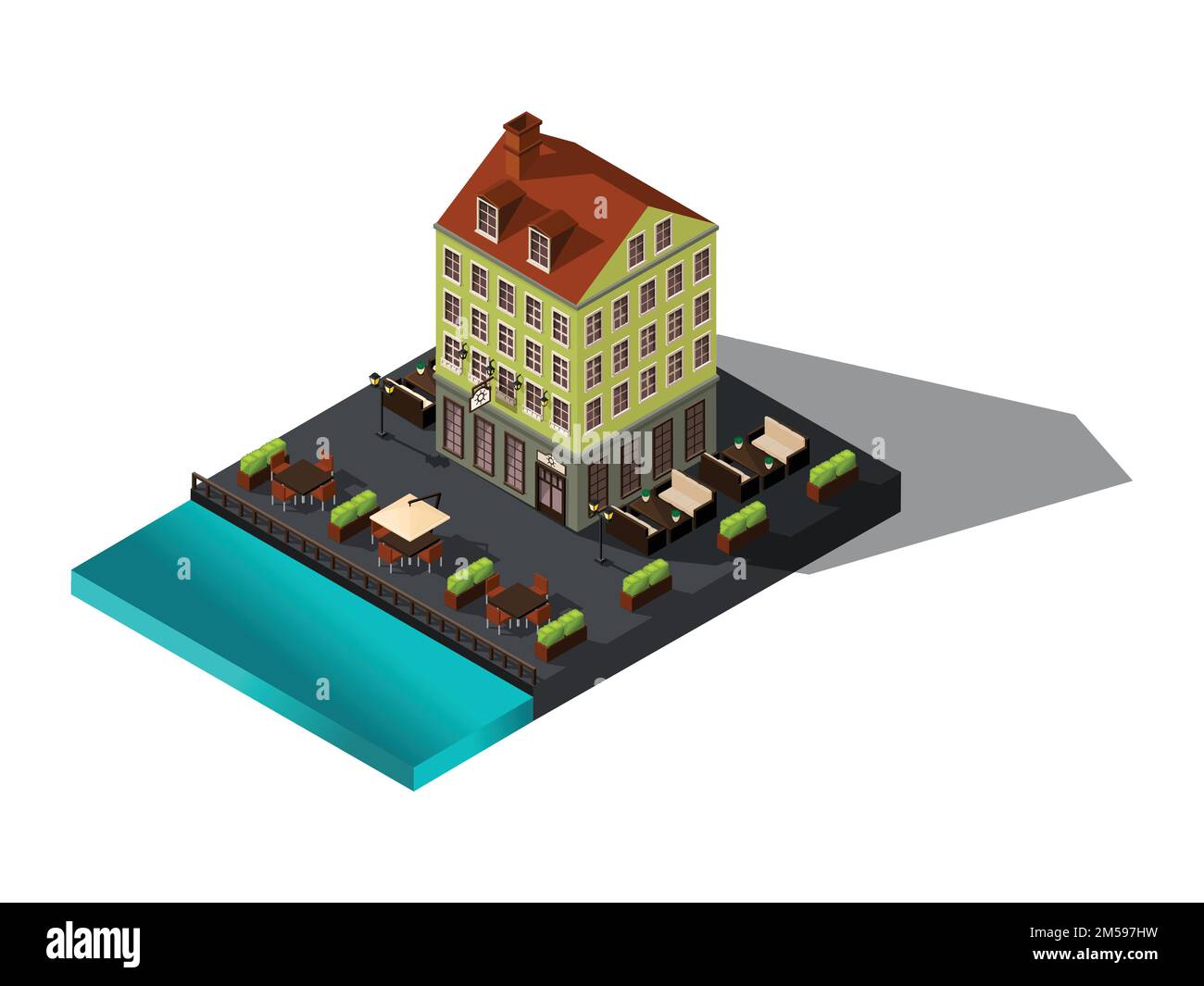 Badge isometrico, 3D casa sul mare, ristorante, Danimarca, Copenaghen, Parigi, centro storico, antico edificio alberghiero per illustrazioni vettoriali. Illustrazione Vettoriale