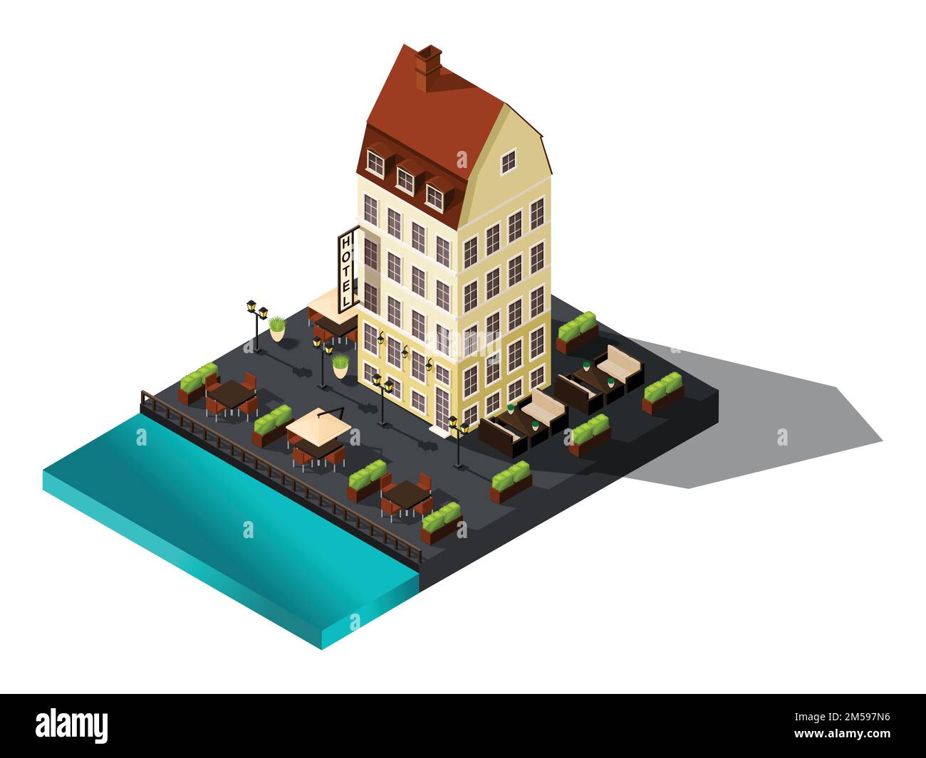 Icona isometrica, 3D antica casa sul mare, hotel, Danimarca, Copenaghen, Parigi, centro storico, antico edificio per illustrazioni vettoriali. Illustrazione Vettoriale