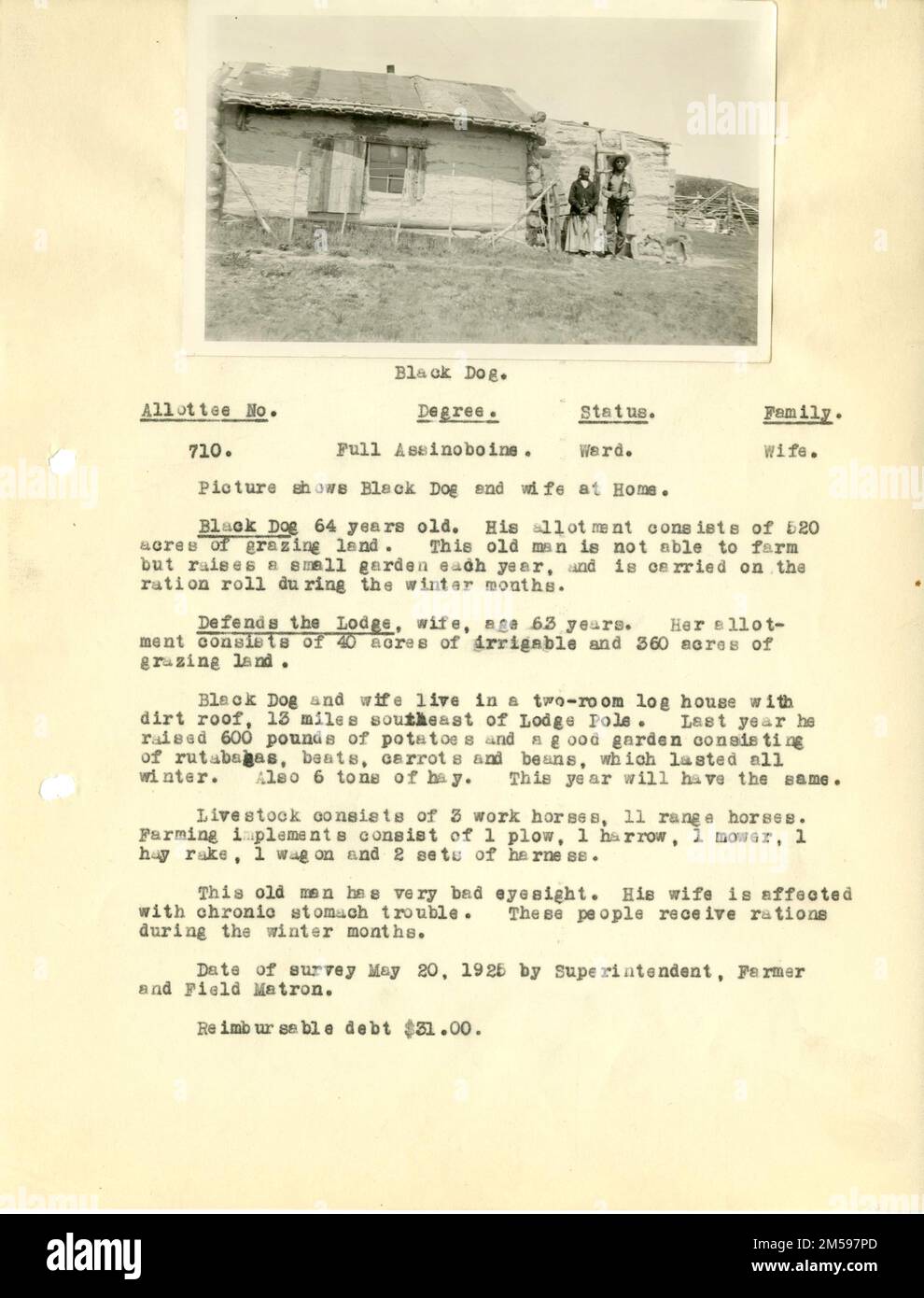 Cane nero. 1925 - 1925. Regione delle Montagne Rocciose (Denver, CO). Stampa fotografica. Dipartimento dell'interno. Ufficio degli affari indiani. Agenzia Fort Belknap. 1878-9/17/1947. Indagine industriale Foto Stock