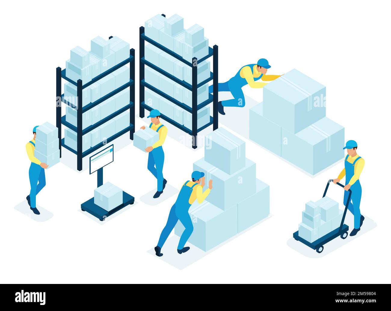 Concetto isometrico in magazzino, il personale del magazzino distribuisce scatole, servizio di consegna. Concetto di web design. Illustrazione Vettoriale