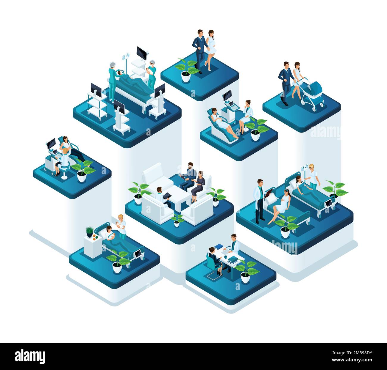 Concetto isometrico medina dell'ospedale di maternità, pianificazione familiare in ospedale, donne incinte, neonati. Concezione della nascita di bambini in t Illustrazione Vettoriale